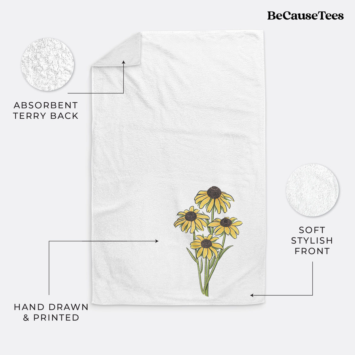 White hand towel printed with a full-color bouquet of yellow black-eyed Susan flowers.
