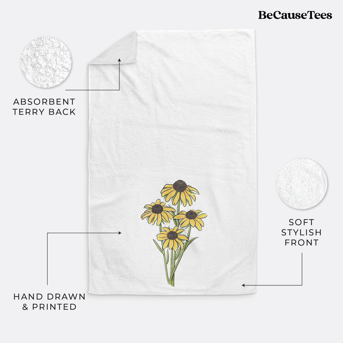 White hand towel printed with a full-color bouquet of yellow black-eyed Susan flowers.