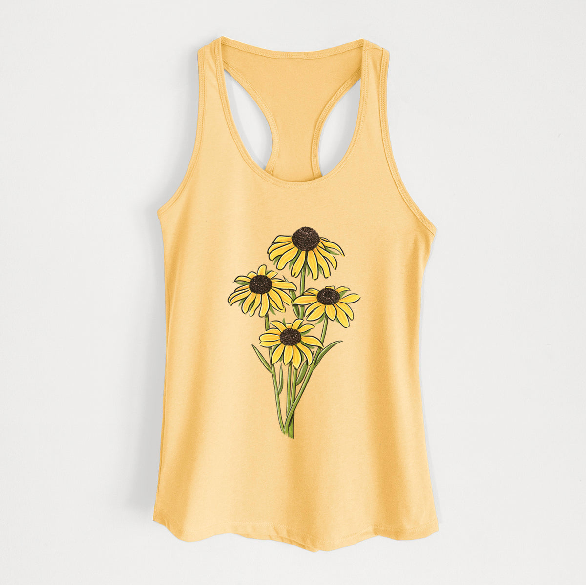 Banana cream women's racerback tank top laid flat, printed with a full-color bouquet of yellow black-eyed Susan flowers.