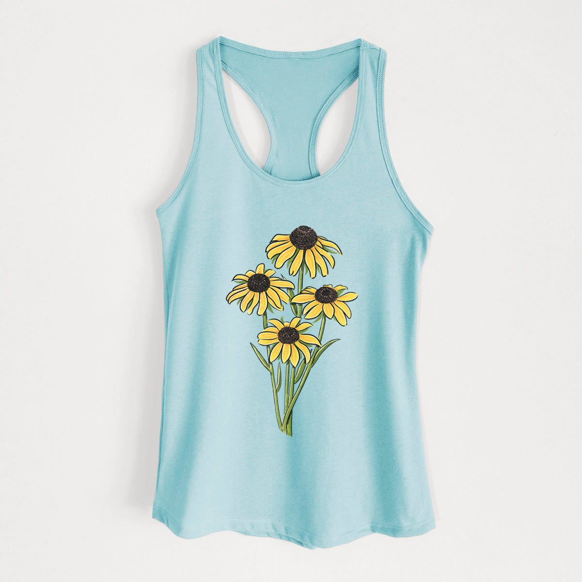 Cancun blue women's racerback tank top laid flat, printed with a full-color bouquet of yellow black-eyed Susan flowers.