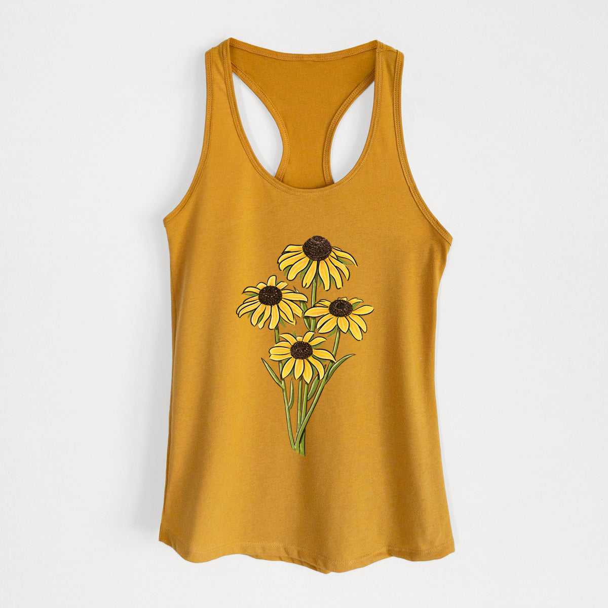Gold women's racerback tank top laid flat, printed with a full-color bouquet of yellow black-eyed Susan flowers.