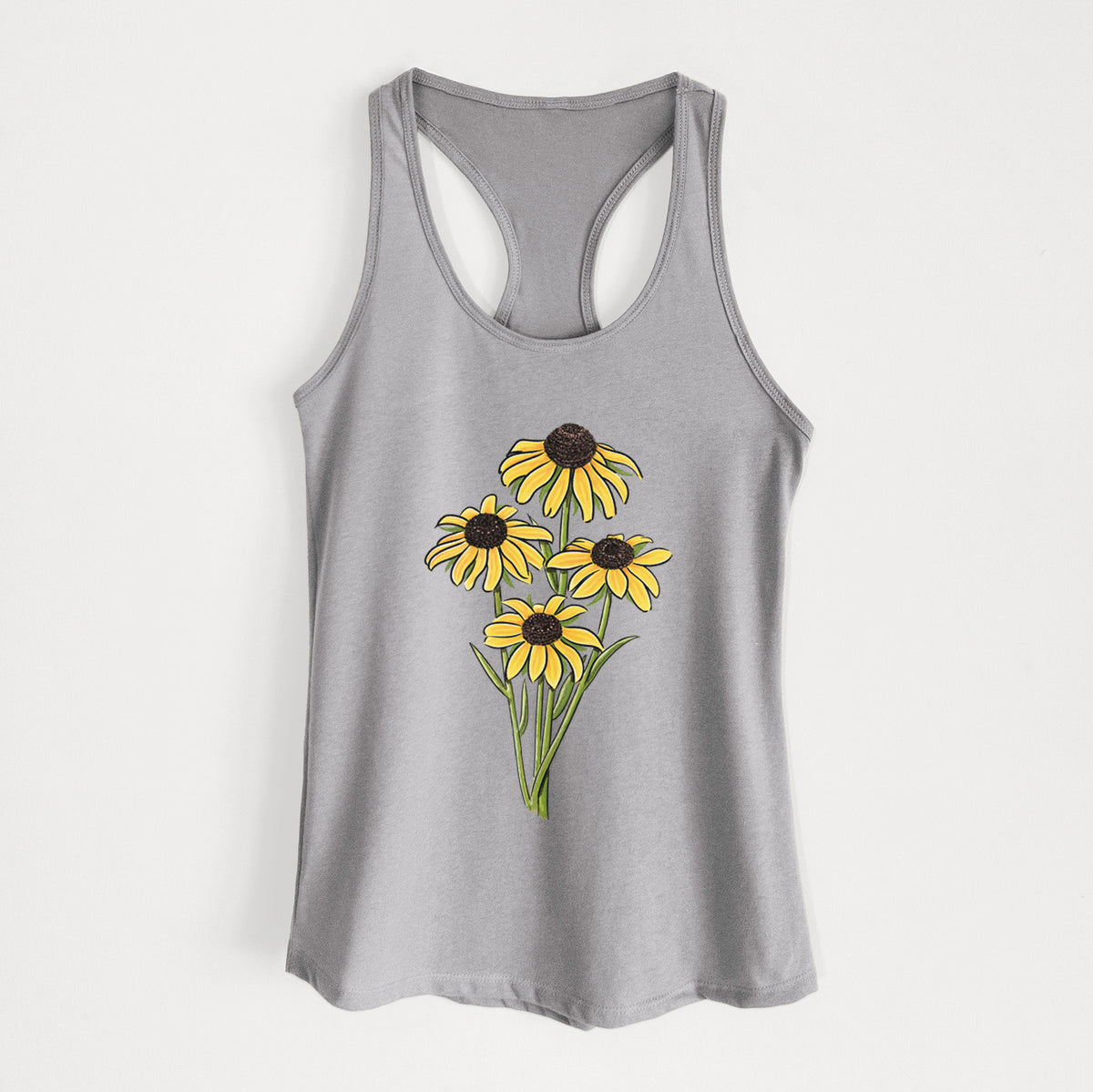 Heather grey women's racerback tank top laid flat, printed with a full-color bouquet of yellow black-eyed Susan flowers.