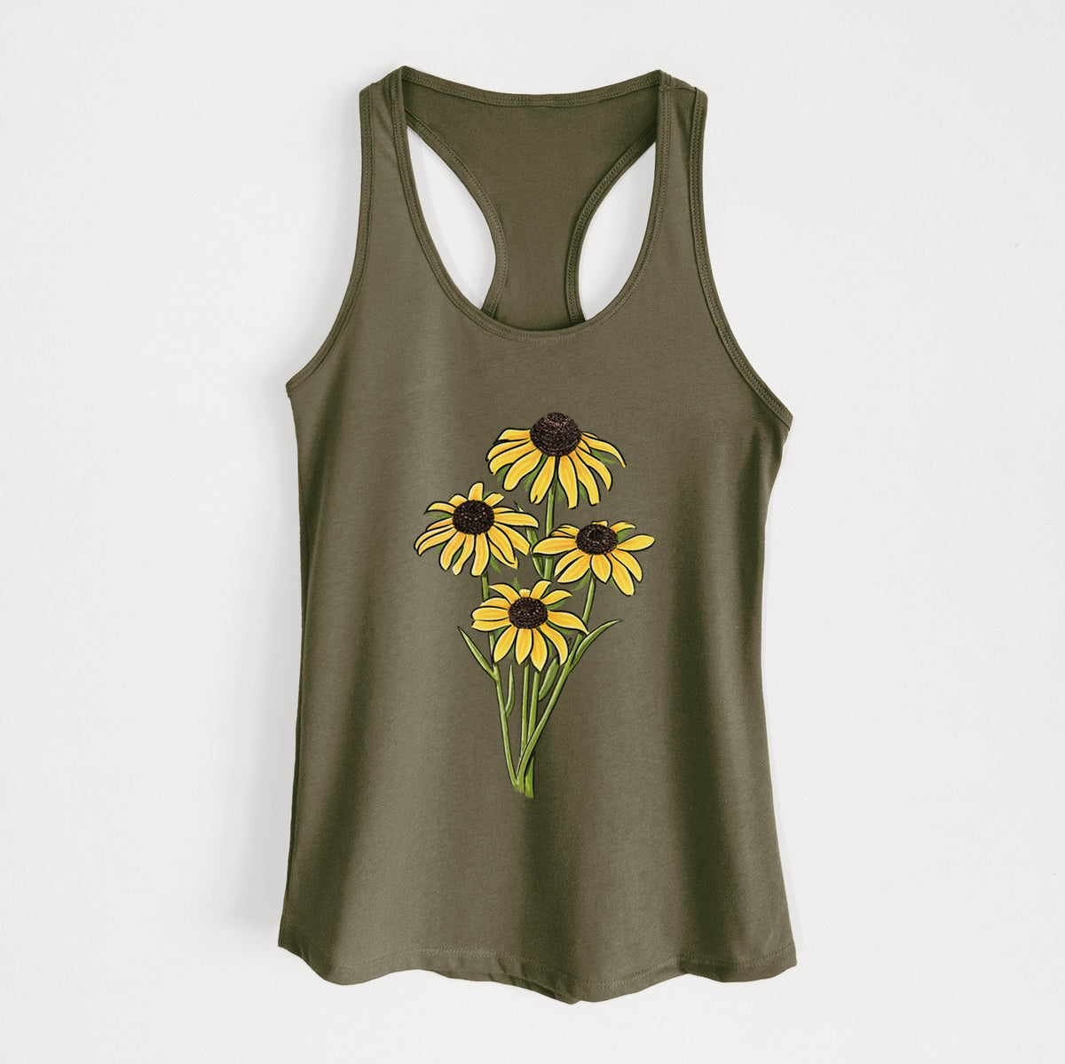 Military green women's racerback tank top laid flat, printed with a full-color bouquet of yellow black-eyed Susan flowers.