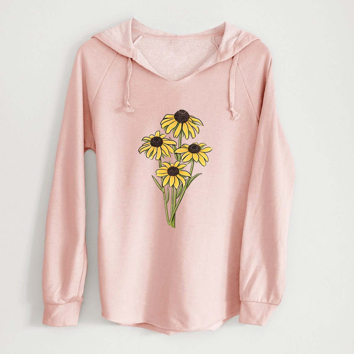 Blush pink women's Cali Wave hooded sweatshirt laid flat, printed with a full-color bouquet of yellow black-eyed Susan flowers.