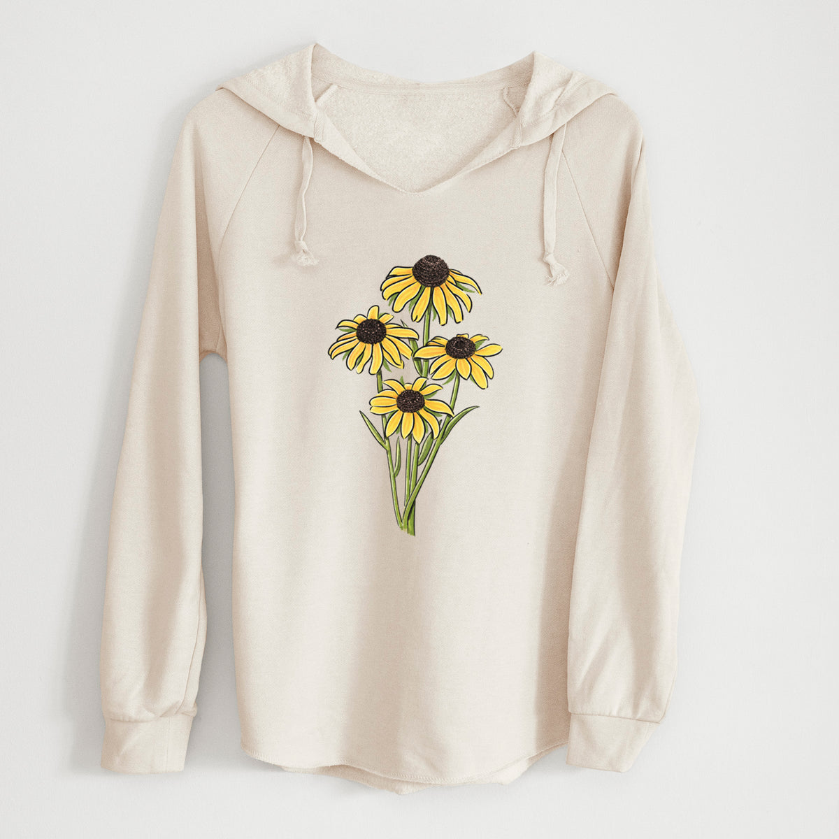 Bone cream women's Cali Wave hooded sweatshirt laid flat, printed with a full-color bouquet of yellow black-eyed Susan flowers.