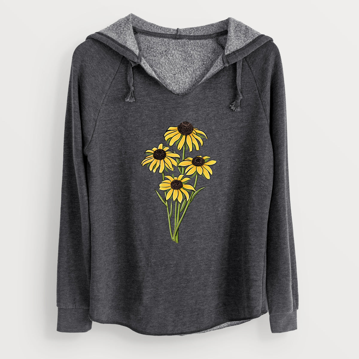 Charcoal grey women's Cali Wave hooded sweatshirt laid flat, printed with a full-color bouquet of yellow black-eyed Susan flowers.