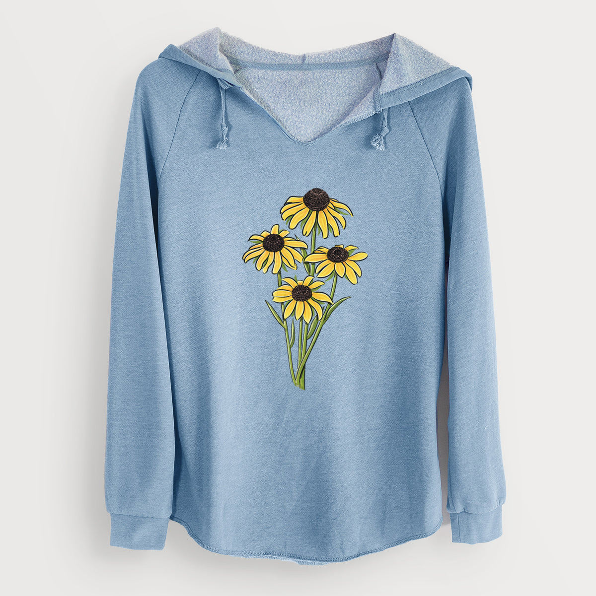 Misty blue women's Cali Wave hooded sweatshirt laid flat, printed with a full-color bouquet of yellow black-eyed Susan flowers.