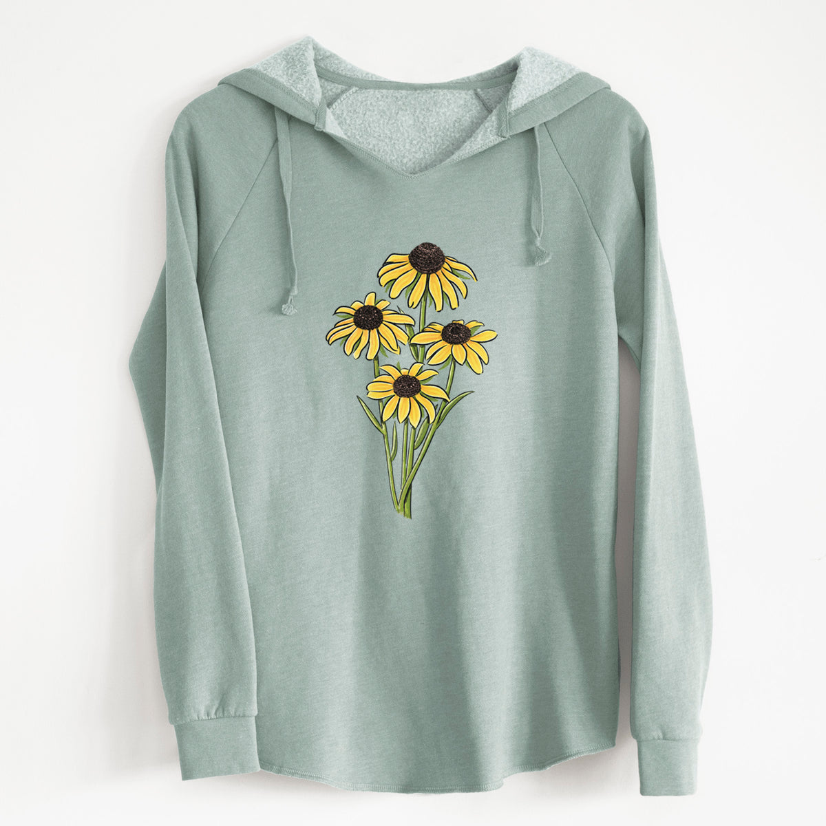 Sage green women's Cali Wave hooded sweatshirt laid flat, printed with a full-color bouquet of yellow black-eyed Susan flowers.