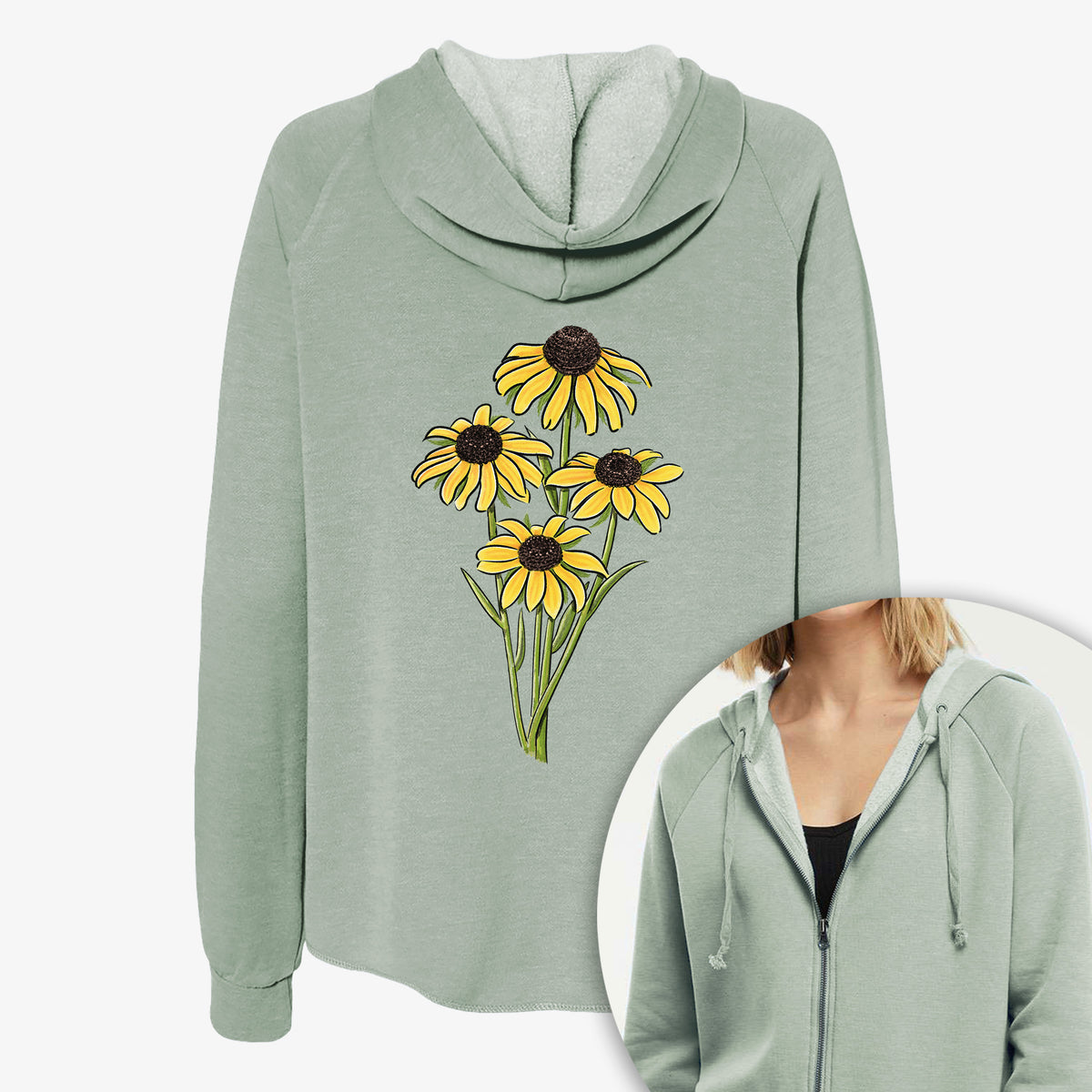 Women's Cali Wave zip-up sweatshirt printed with a full-color bouquet of yellow black-eyed Susan flowers, with a close-up of the zipper.