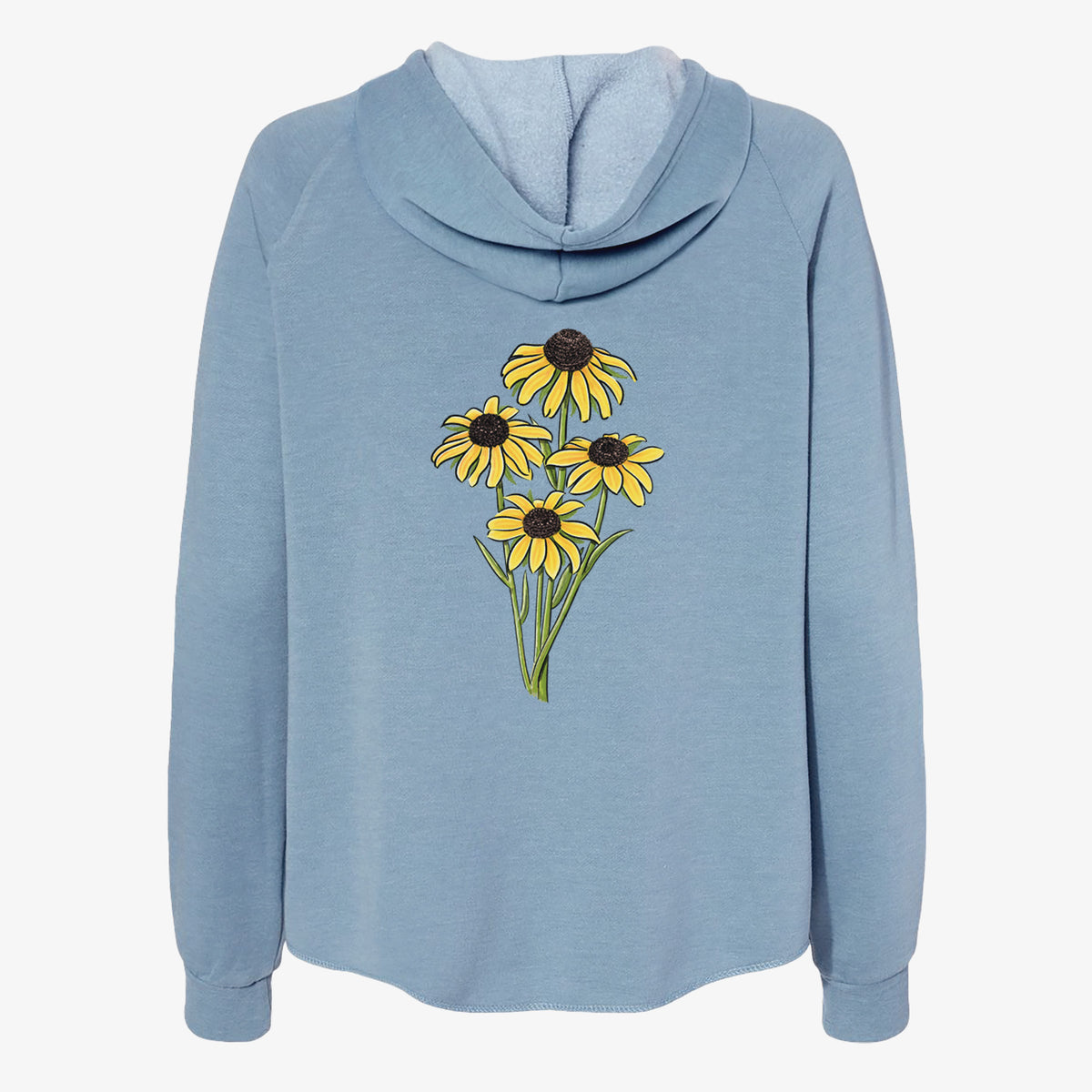 Misty blue women's Cali Wave zip-up sweatshirt laid flat, printed with a full-color bouquet of yellow black-eyed Susan flowers.