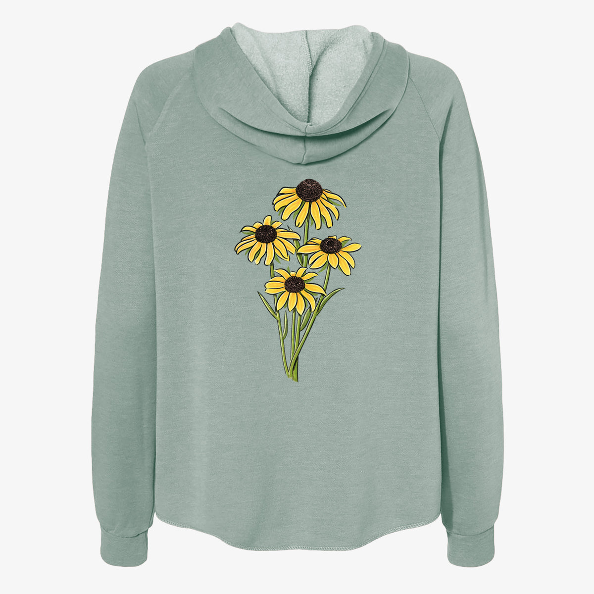 Sage green women's Cali Wave zip-up sweatshirt laid flat, printed with a full-color bouquet of yellow black-eyed Susan flowers.