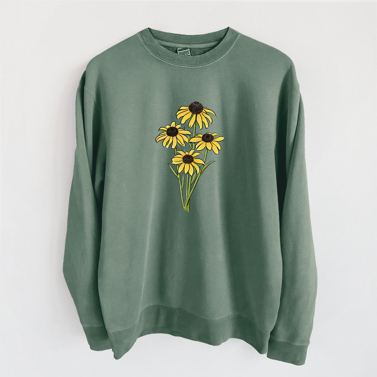Alpine green pigment dyed crewneck sweatshirt laid flat, printed with a full-color bouquet of yellow black-eyed Susan flowers.