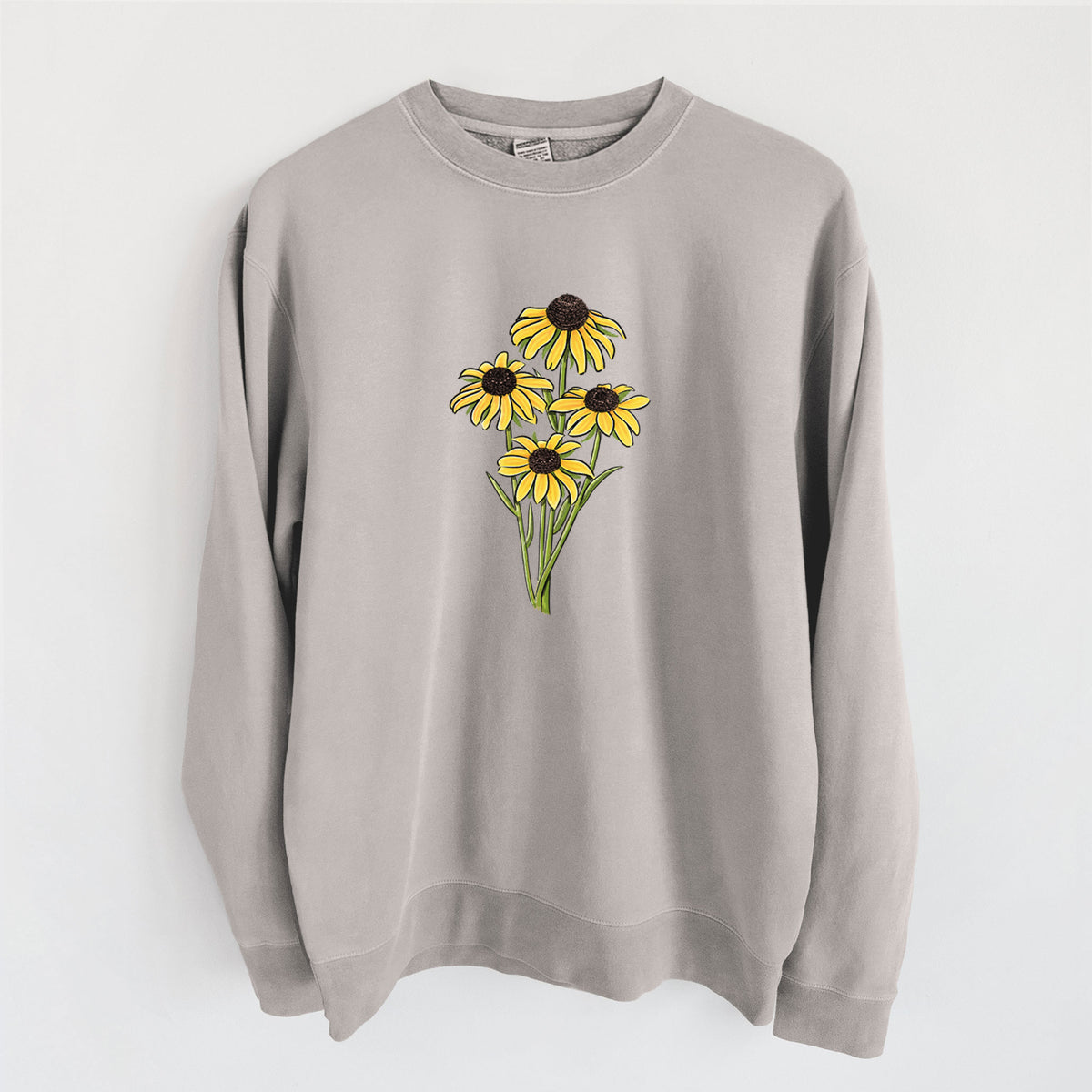 Cement grey pigment dyed crewneck sweatshirt laid flat, printed with a full-color bouquet of yellow black-eyed Susan flowers.