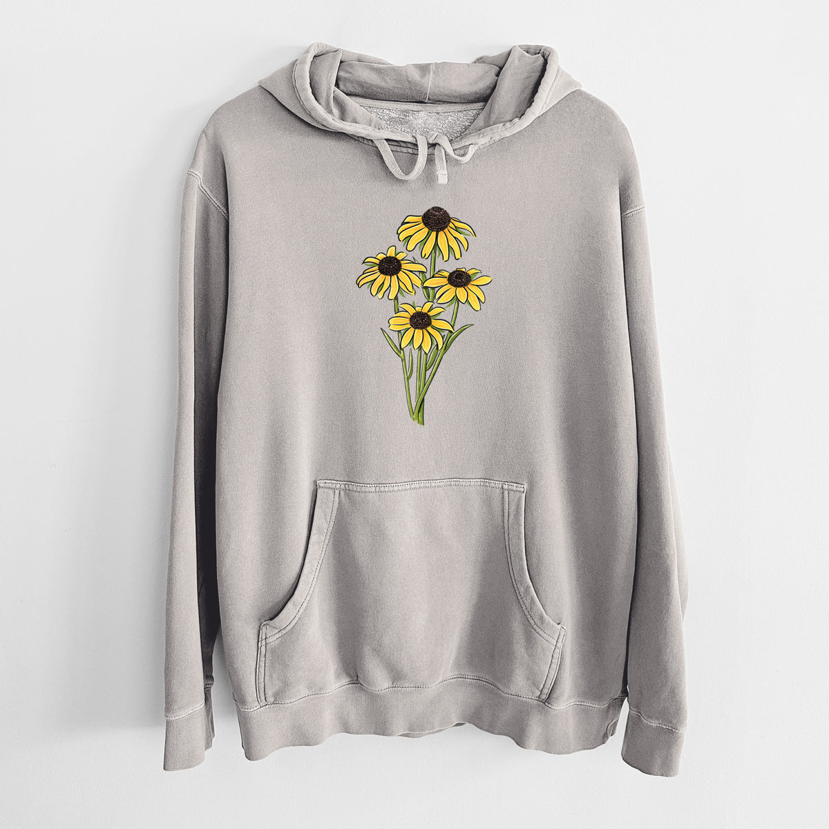 Cement grey pigment dyed hoodie laid flat, printed with a full-color bouquet of yellow black-eyed Susan flowers.