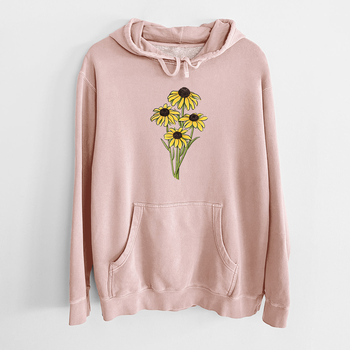 Dusty pink pigment dyed hoodie laid flat, printed with a full-color bouquet of yellow black-eyed Susan flowers.