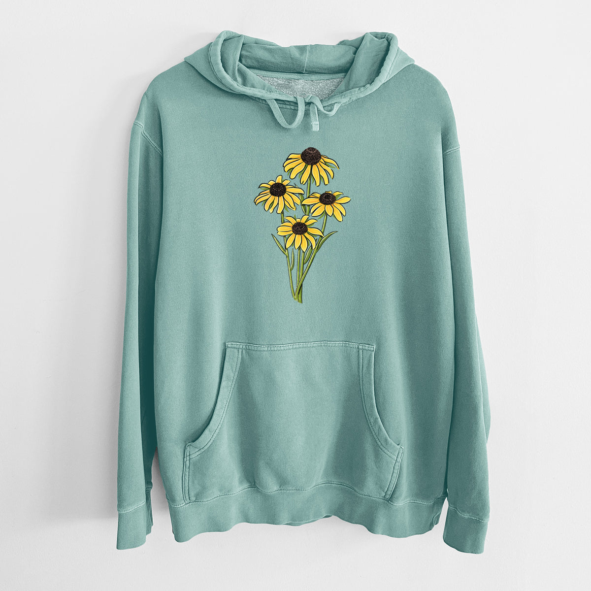 Mint green pigment dyed hoodie laid flat, printed with a full-color bouquet of yellow black-eyed Susan flowers.