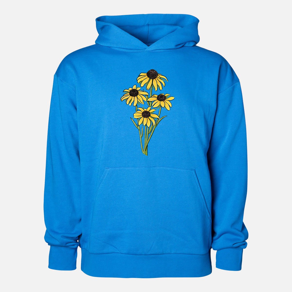 Black-eyed Susans - Rudbeckia hirta - Statement Midweight Hoodie in Azure Blue, shown from the front with the design printed on the chest above a front kangaroo pocket.