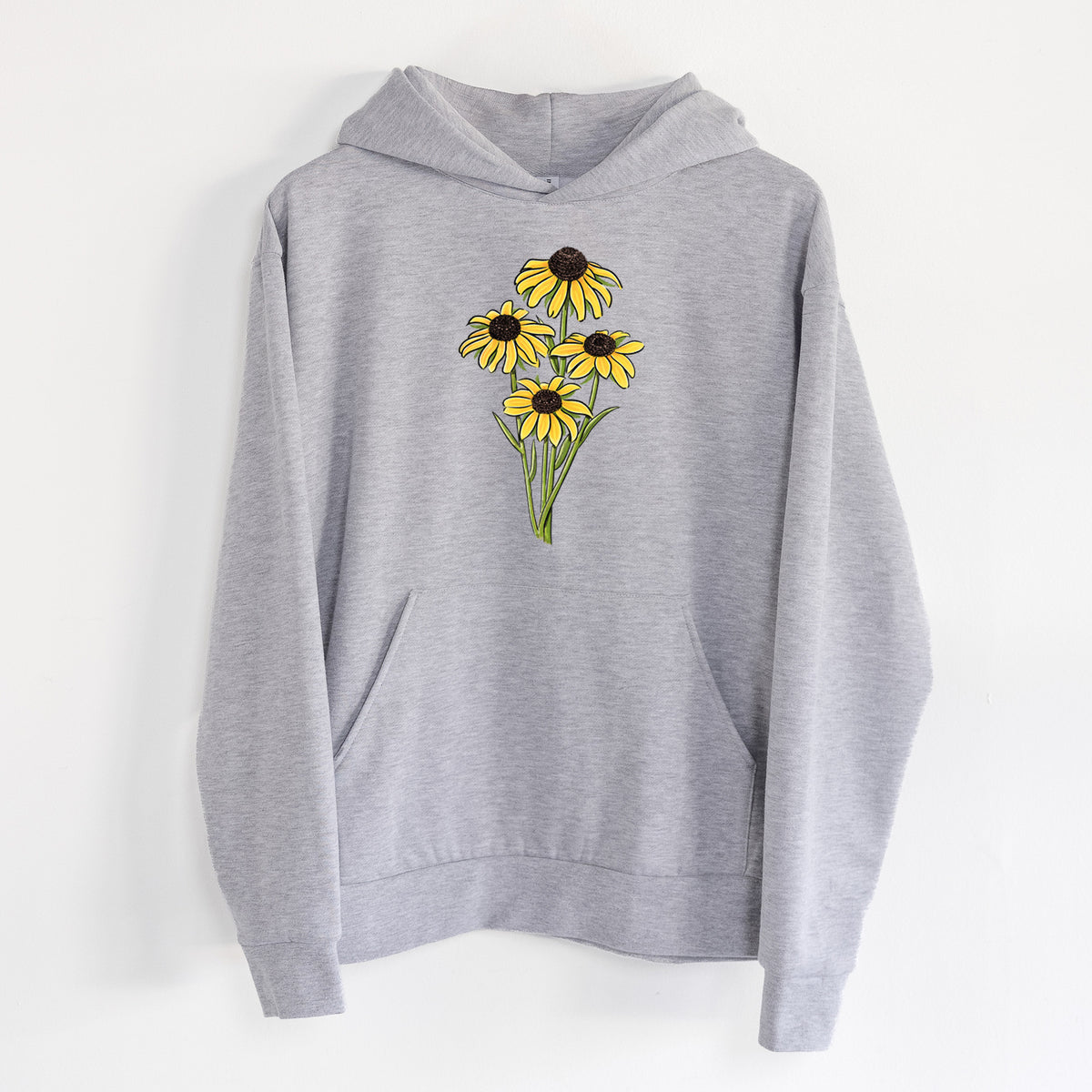 Black-eyed Susans - Rudbeckia hirta - Statement Midweight Hoodie in Heather Grey, hanging on a white wall, with a front kangaroo pocket and no drawcords.