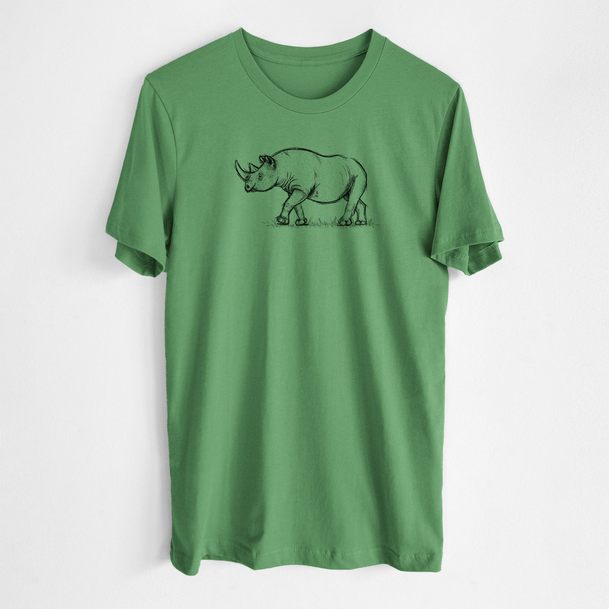 Leaf green lightweight cotton t-shirt laid flat, printed with a black ink illustration of a black rhinoceros walking.