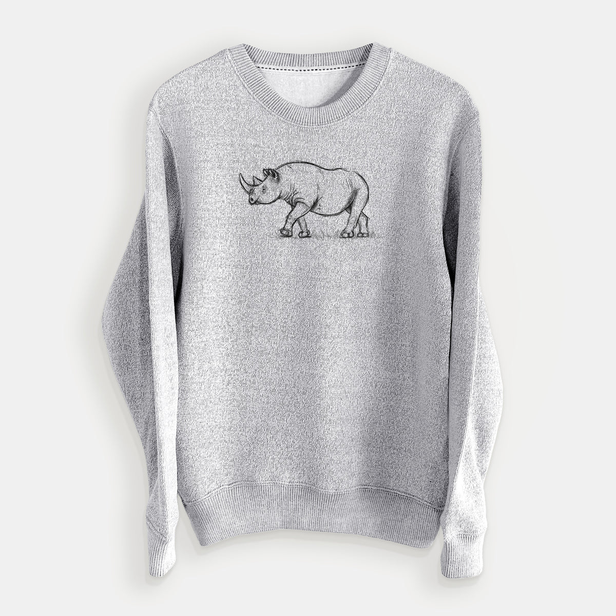 Salt and pepper knit sweatshirt laid flat, printed with a black ink illustration of a black rhinoceros walking.