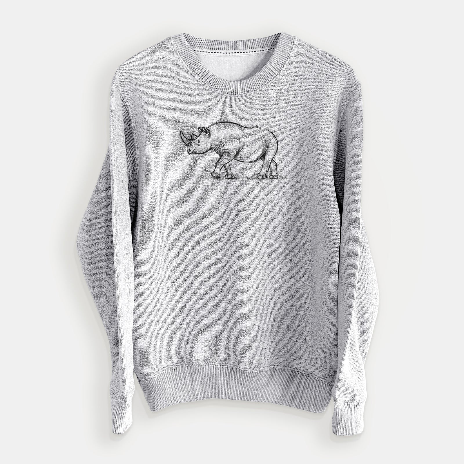 Salt and pepper knit sweatshirt laid flat, printed with a black ink illustration of a black rhinoceros walking.