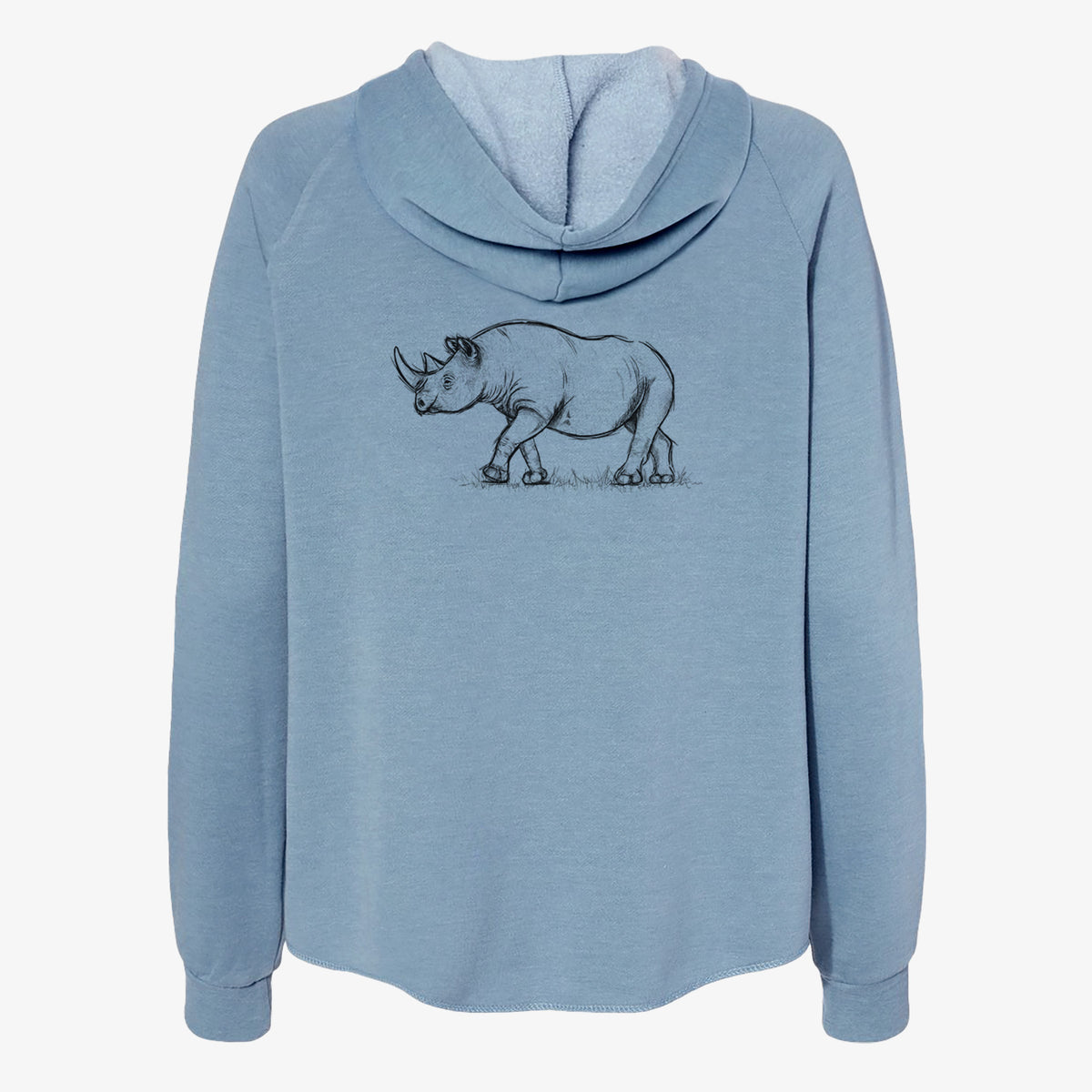 Misty blue women's Cali Wave zip-up sweatshirt laid flat, printed with a black ink illustration of a black rhinoceros walking.