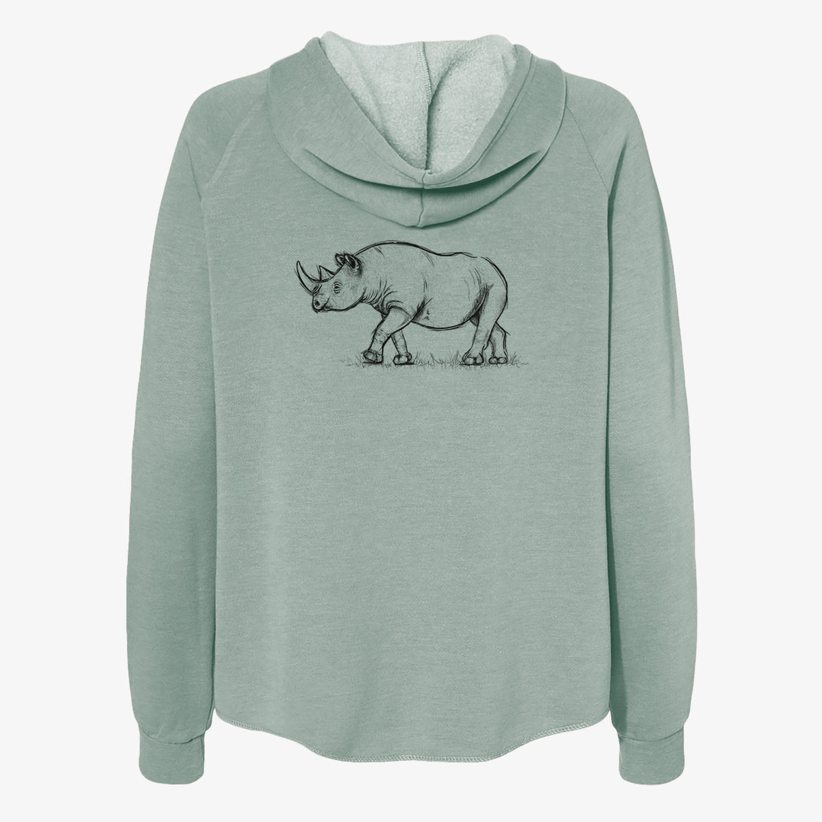 Sage green women's Cali Wave zip-up sweatshirt laid flat, printed with a black ink illustration of a black rhinoceros walking.