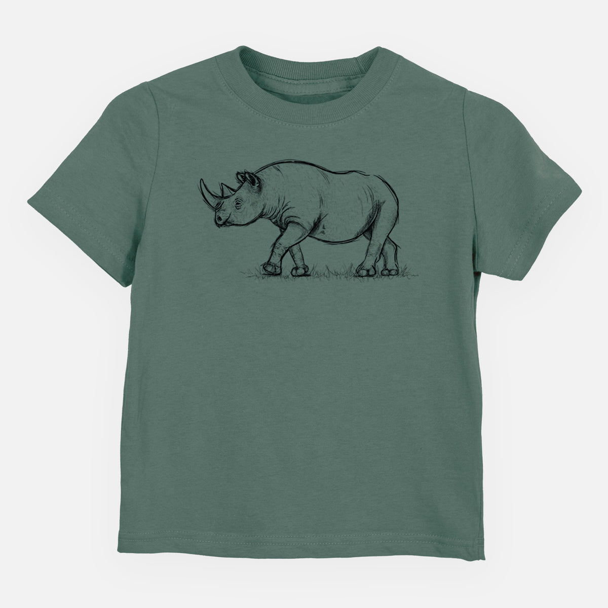 Basil green toddler t-shirt laid flat, printed with a black ink illustration of a black rhinoceros walking.