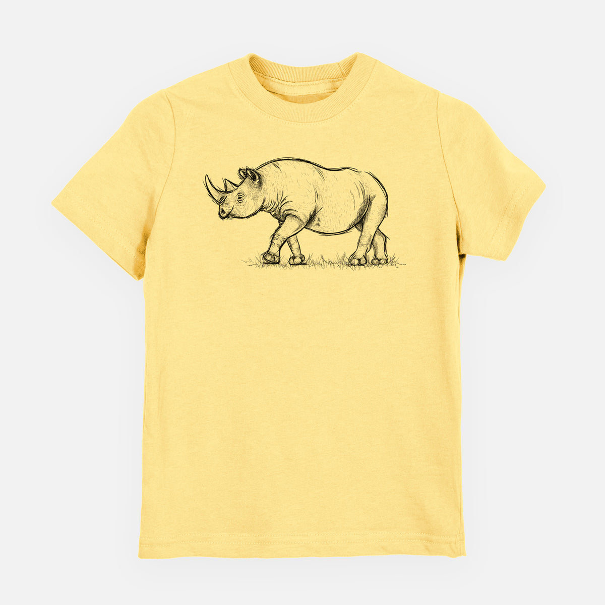 Butter yellow youth t-shirt laid flat, printed with a black ink illustration of a black rhinoceros walking.