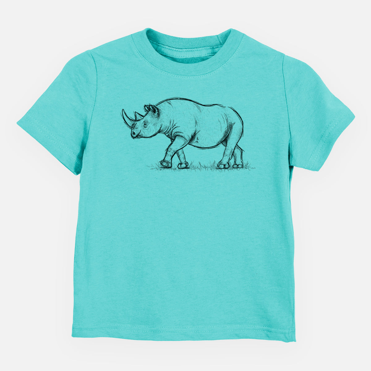 Caribbean blue toddler t-shirt laid flat, printed with a black ink illustration of a black rhinoceros walking.