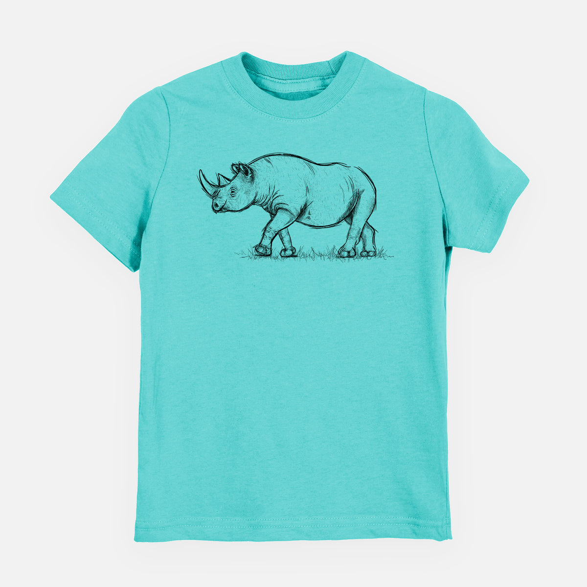 Caribbean blue youth t-shirt laid flat, printed with a black ink illustration of a black rhinoceros walking.