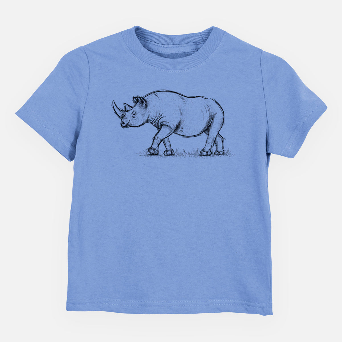 Carolina blue toddler t-shirt laid flat, printed with a black ink illustration of a black rhinoceros walking.