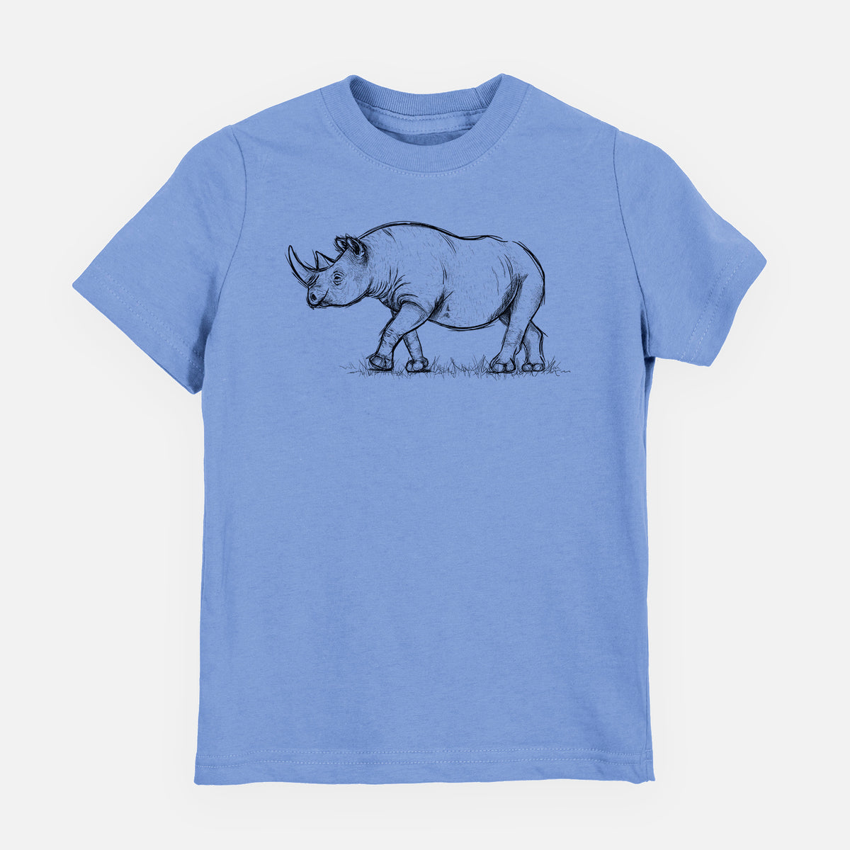 Carolina blue youth t-shirt laid flat, printed with a black ink illustration of a black rhinoceros walking.