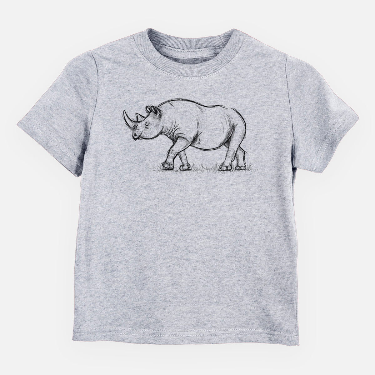 Heather grey toddler t-shirt laid flat, printed with a black ink illustration of a black rhinoceros walking.