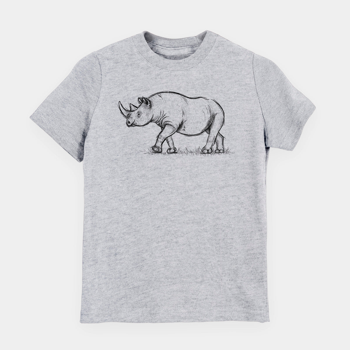 Heather grey youth t-shirt laid flat, printed with a black ink illustration of a black rhinoceros walking.