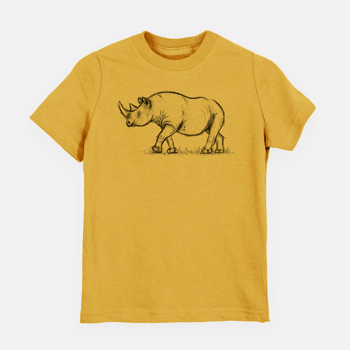 Honeycomb yellow youth t-shirt laid flat, printed with a black ink illustration of a black rhinoceros walking.