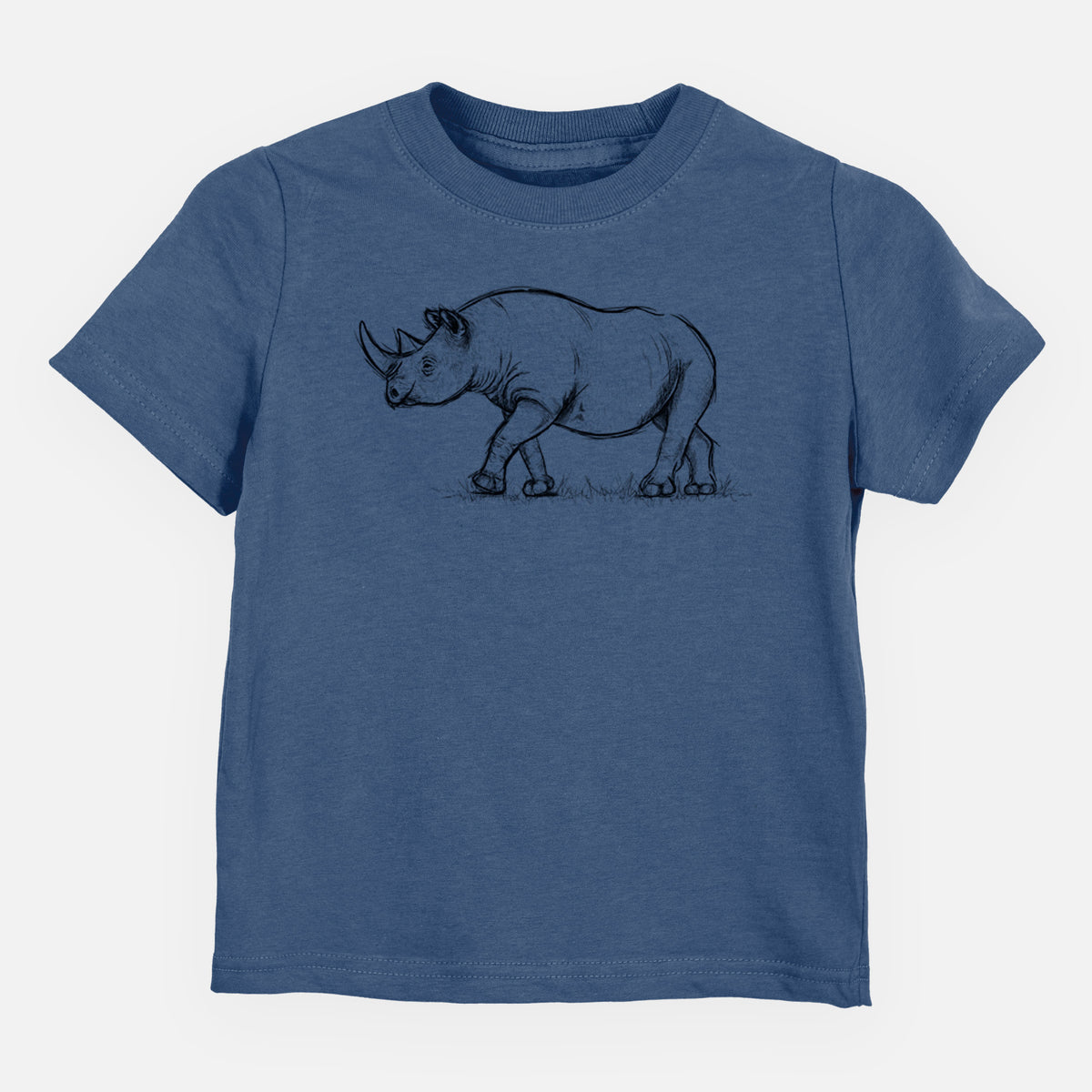 Indigo blue toddler t-shirt laid flat, printed with a black ink illustration of a black rhinoceros walking.