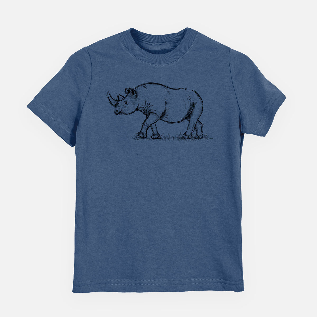 Indigo blue youth t-shirt laid flat, printed with a black ink illustration of a black rhinoceros walking.