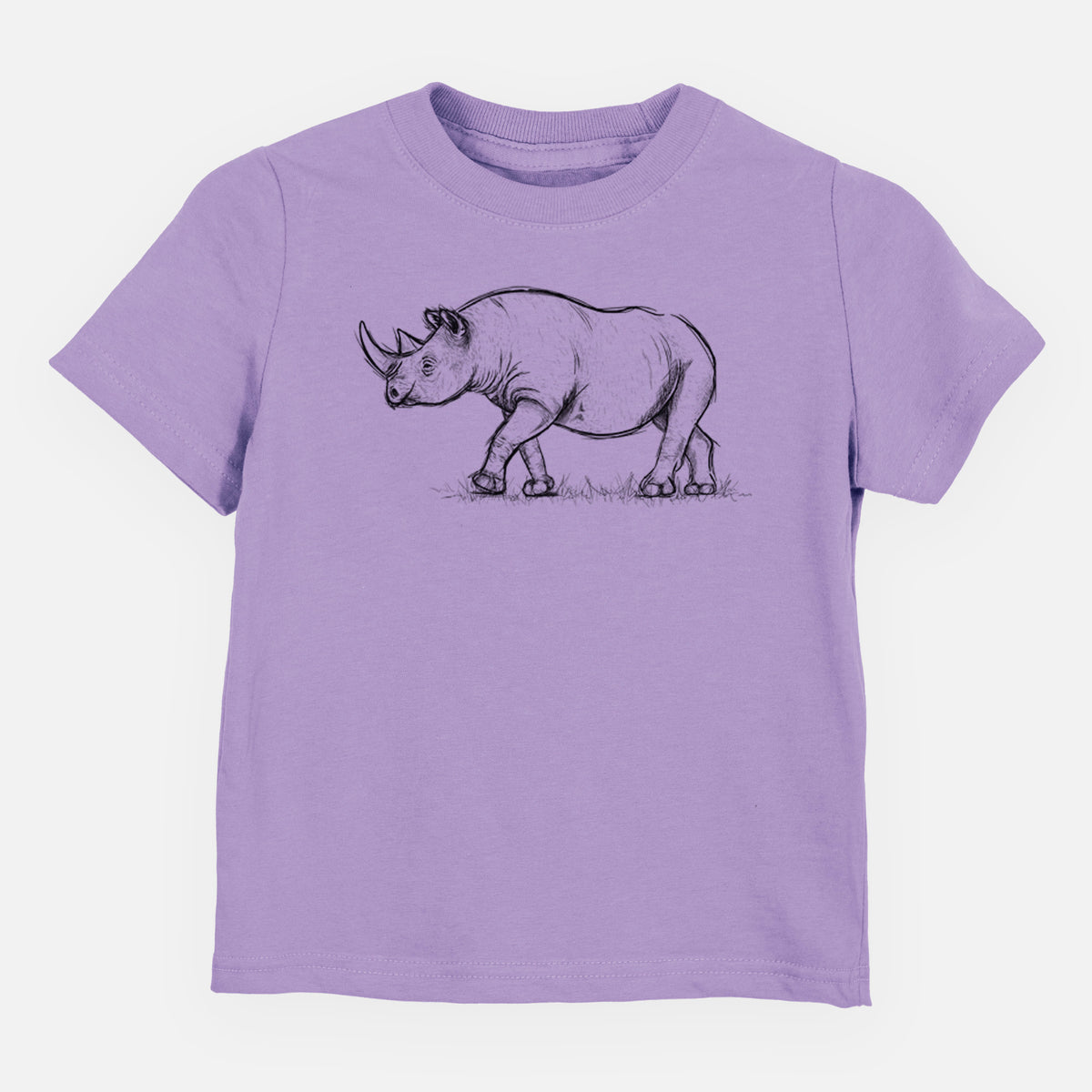 Lavender toddler t-shirt laid flat, printed with a black ink illustration of a black rhinoceros walking.