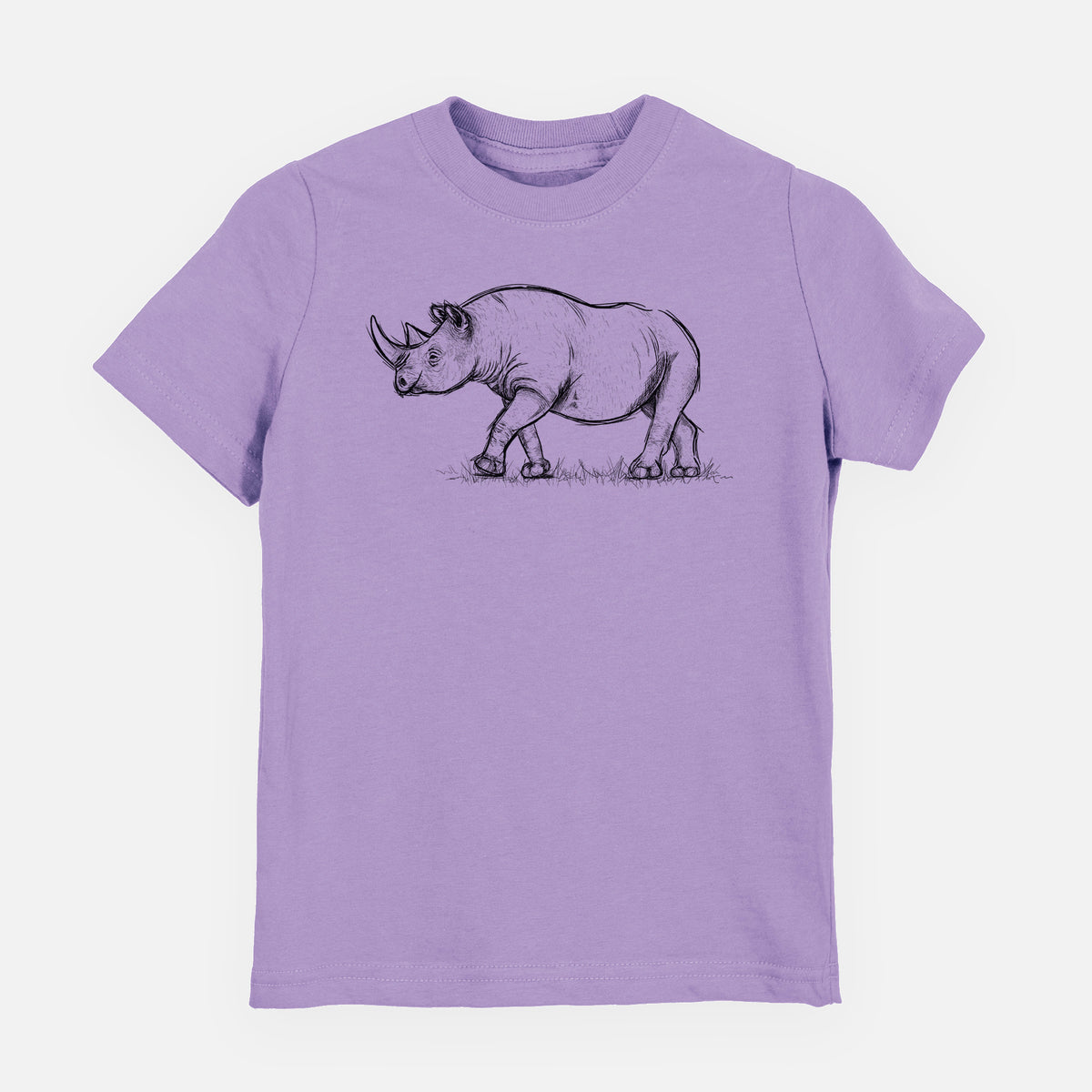 Lavender youth t-shirt laid flat, printed with a black ink illustration of a black rhinoceros walking.
