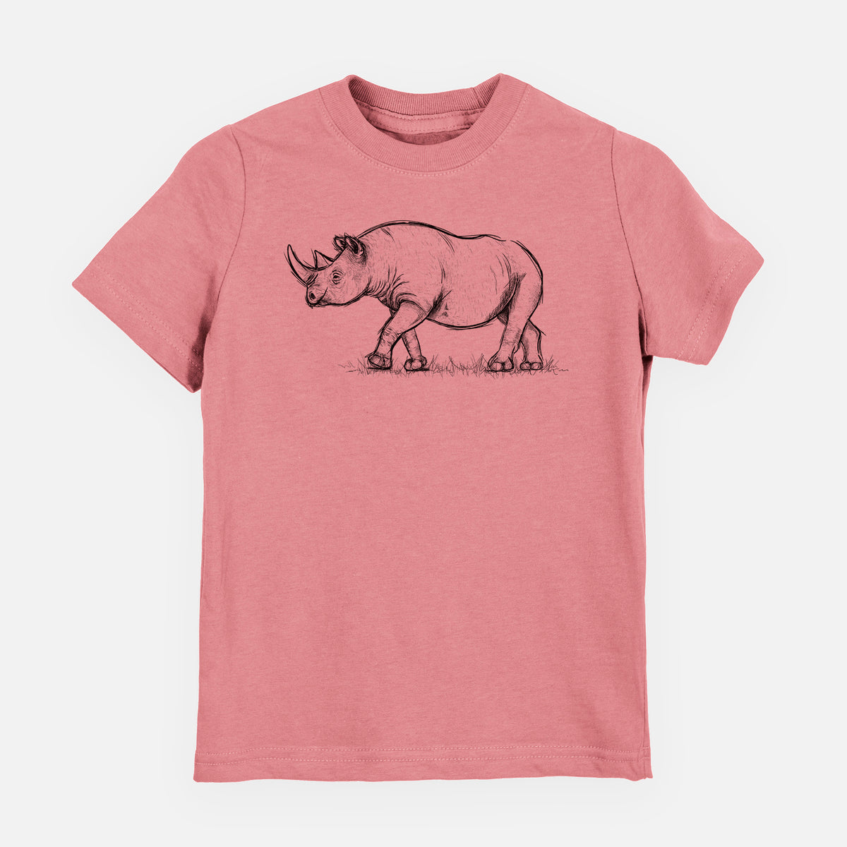 Mauve pink youth t-shirt laid flat, printed with a black ink illustration of a black rhinoceros walking.