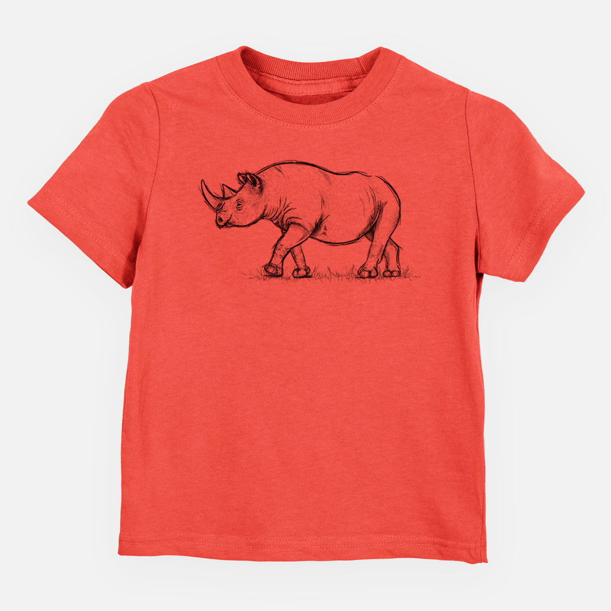 Passionfruit pink toddler t-shirt laid flat, printed with a black ink illustration of a black rhinoceros walking.