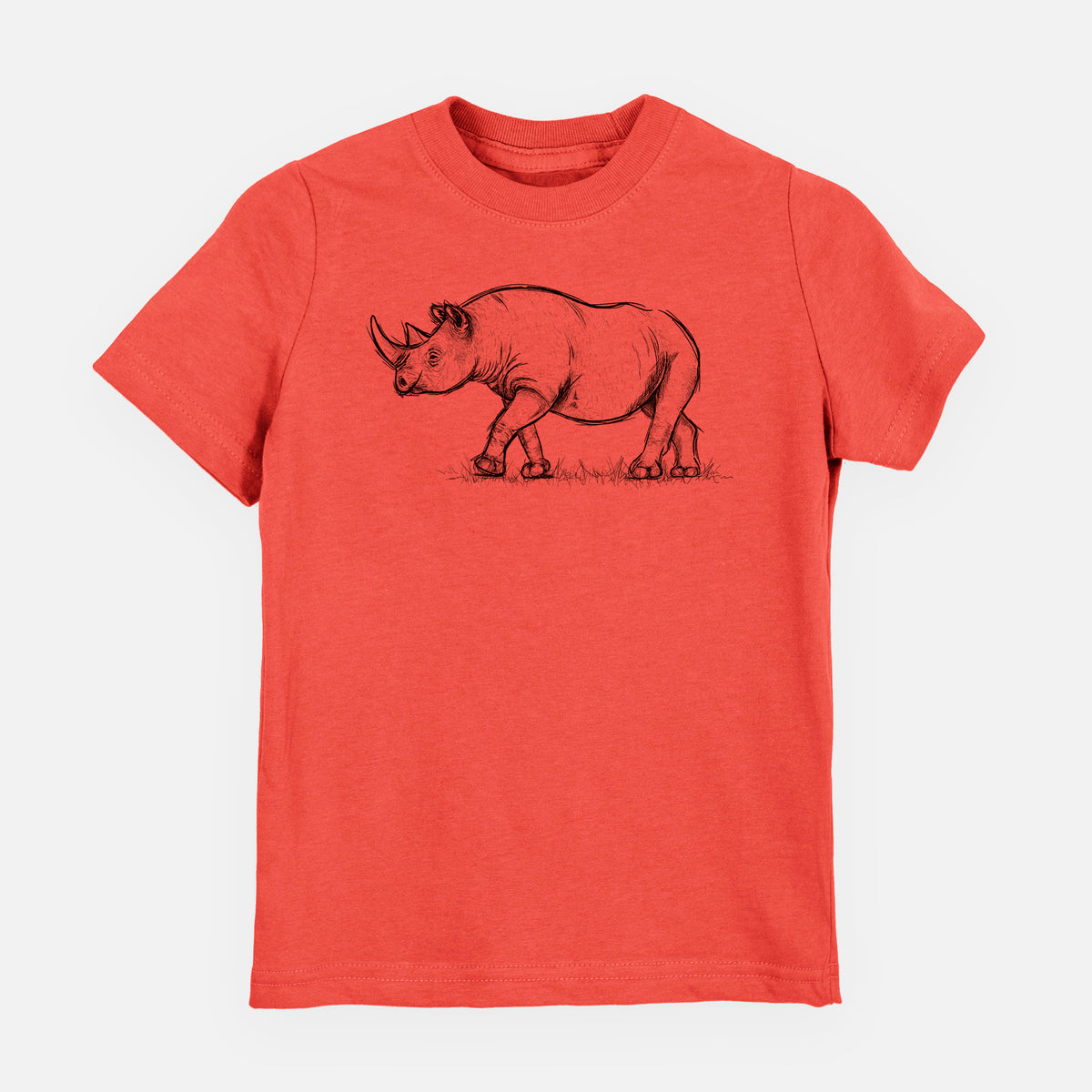 Passionfruit pink youth t-shirt laid flat, printed with a black ink illustration of a black rhinoceros walking.