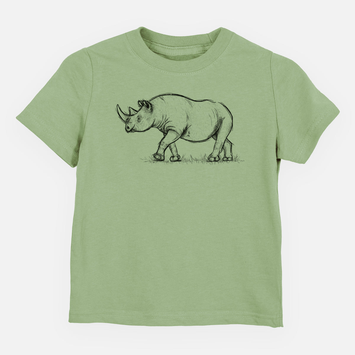 Sage green toddler t-shirt laid flat, printed with a black ink illustration of a black rhinoceros walking.