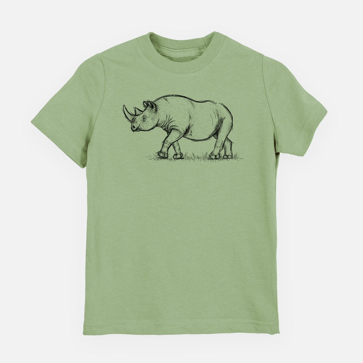 Sage green youth t-shirt laid flat, printed with a black ink illustration of a black rhinoceros walking.