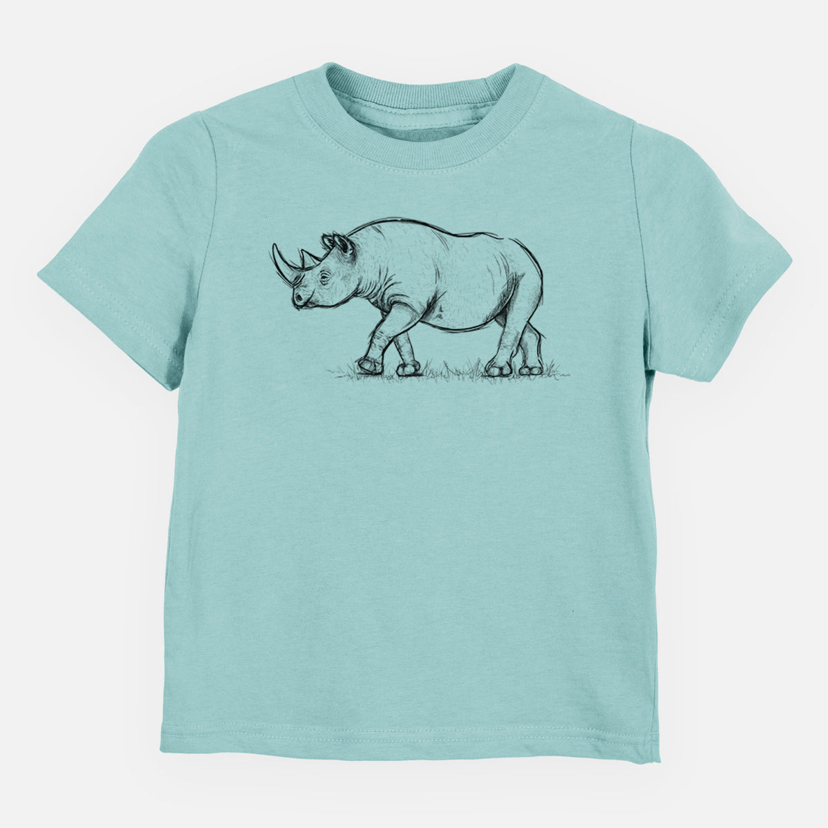 Saltwater toddler t-shirt laid flat, printed with a black ink illustration of a black rhinoceros walking.