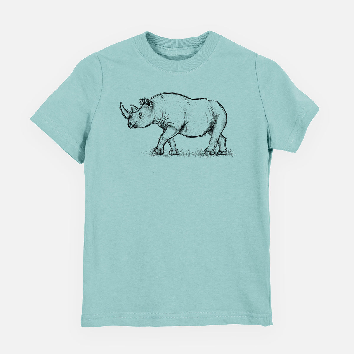 Saltwater youth t-shirt laid flat, printed with a black ink illustration of a black rhinoceros walking.