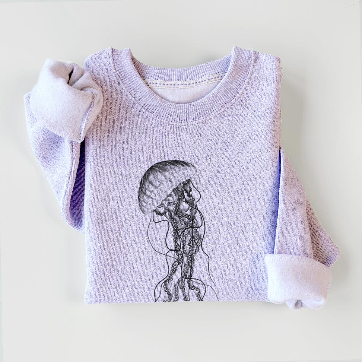 Ice purple knit sweatshirt printed with a black ink illustration of a black sea nettle jellyfish with long trailing tentacles, styled flat.