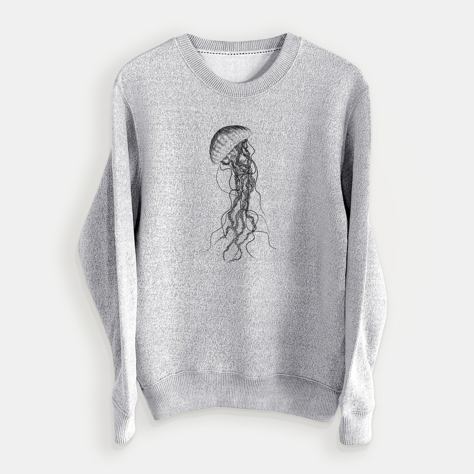 Salt and pepper knit sweatshirt laid flat, printed with a black ink illustration of a black sea nettle jellyfish with long trailing tentacles.