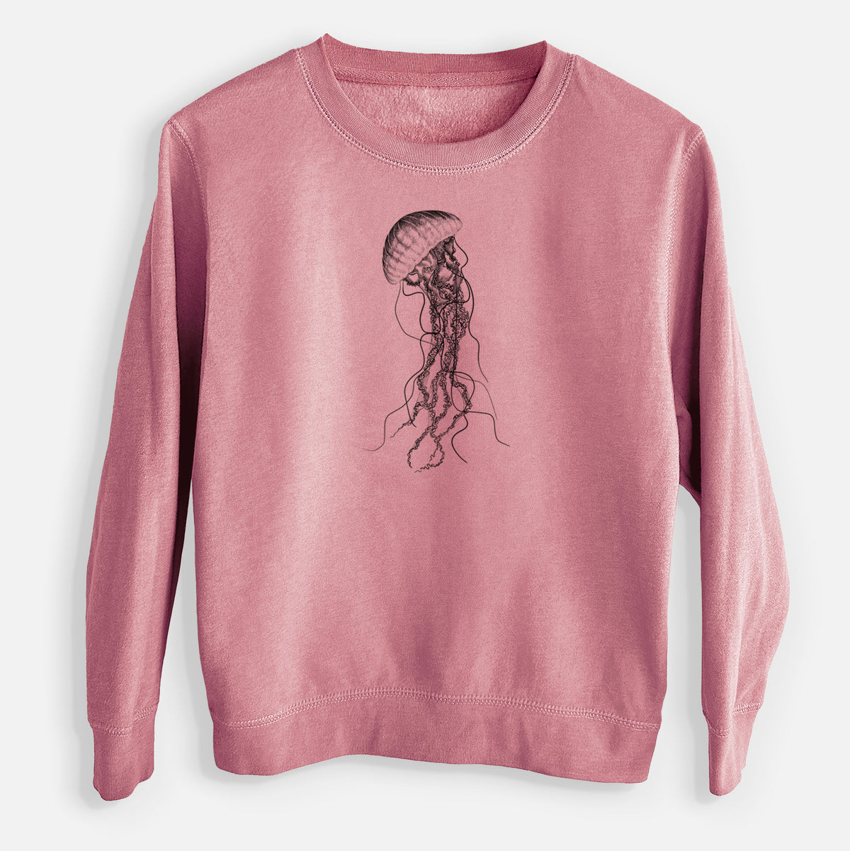 Mauve pink youth crewneck sweatshirt laid flat, printed with a black ink illustration of a black sea nettle jellyfish with long trailing tentacles.